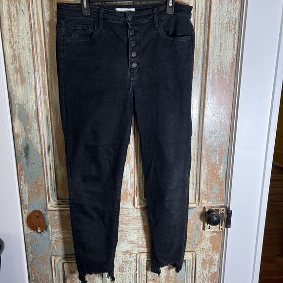 Flying Monkey Black Jeans Women's 32 Chew Hem Button Fly Stretch High Rise - Picture 1 of 12